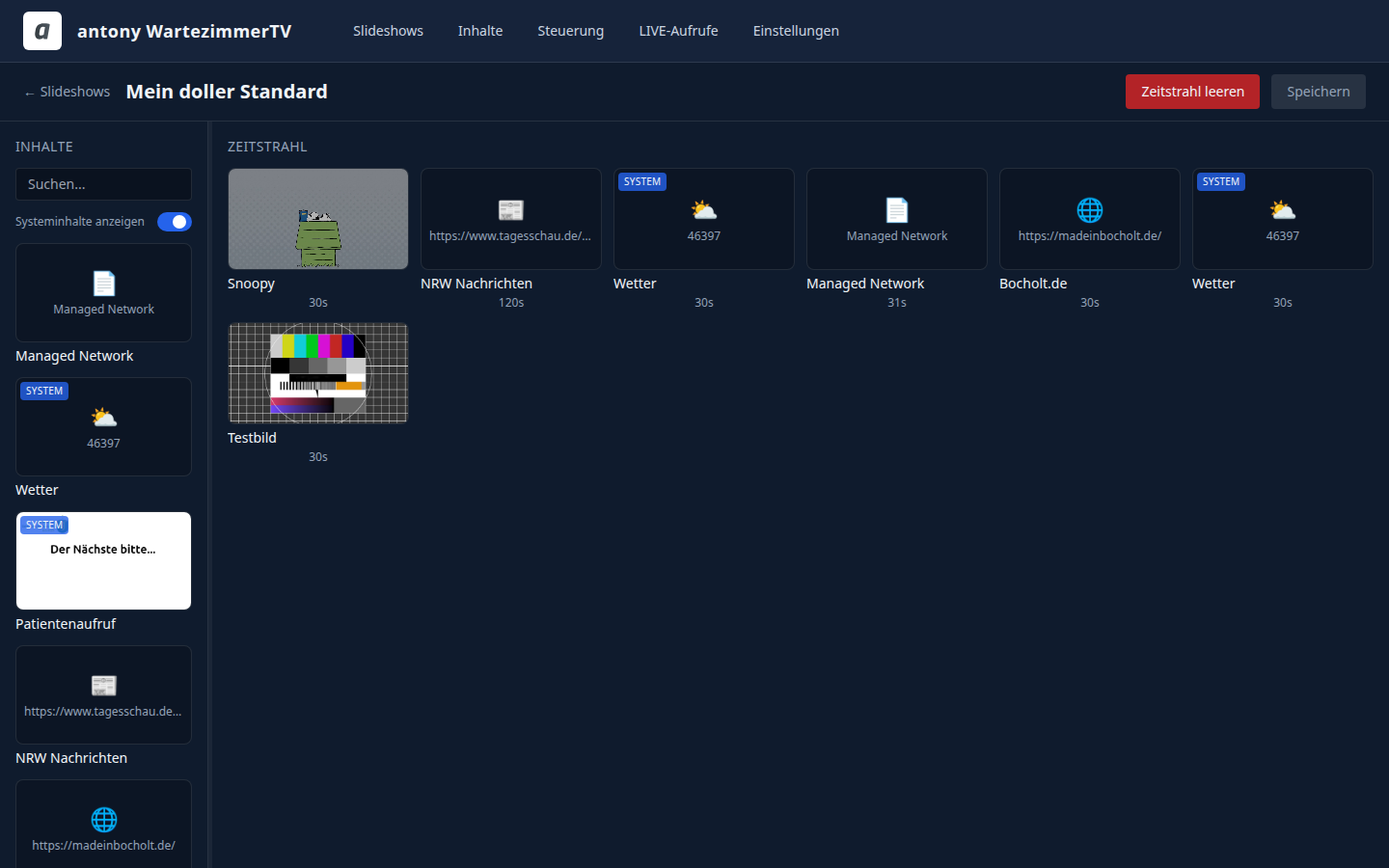 Zeitstrahl-Editor: Inhalte per Drag and Drop in die Slideshow ziehen und Anzeigedauer einstellen